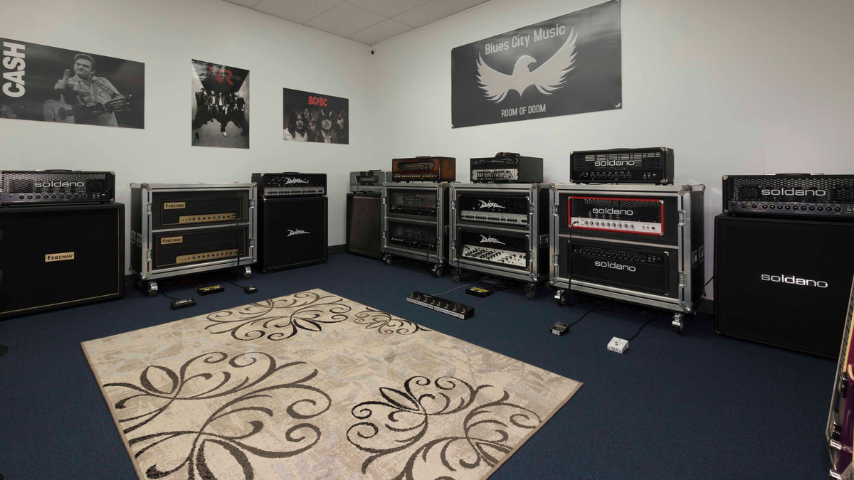 Blues City Music's "Room of Doom" amp demo room.