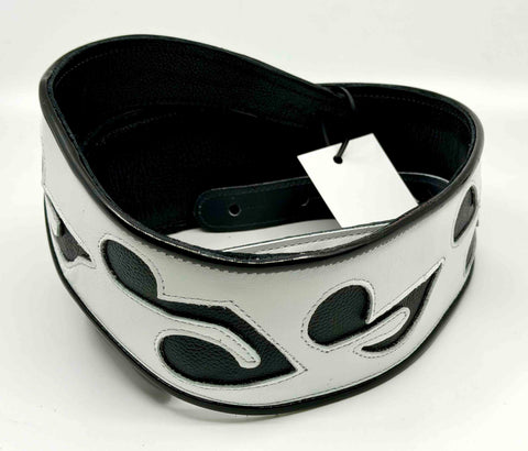 SRV style - Music Notes - Black & White - 1 - Leather Guitar Strap - Hand Made in Brooklyn, NY 