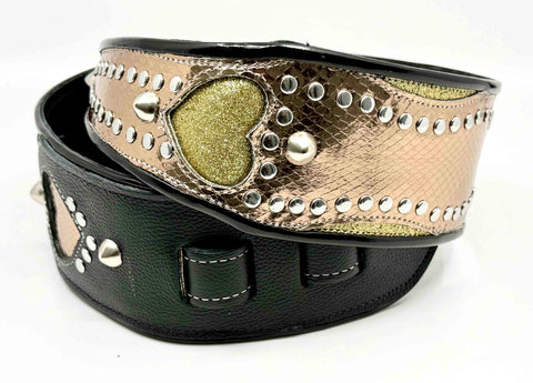 RJ Cash Black/Gold Heart - Leather Guitar Strap - Hand Made in Brooklyn, NY