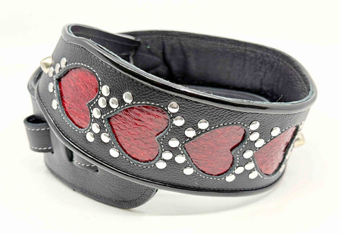 Gracie Heart - Leather Guitar Strap - Black and Red Heart - Handmade in Brooklyn, NY. 