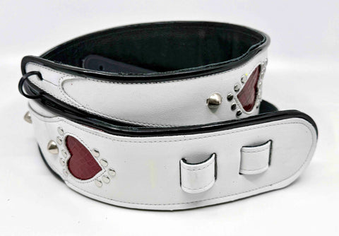 Gracie Heart - Leather Guitar Strap - White and Red Heart - Handmade in Brooklyn, NY. 