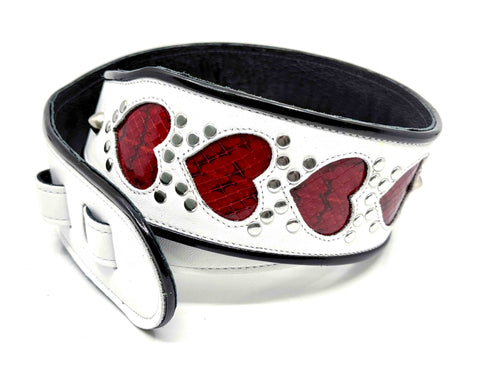 Gracie Heart - Leather Guitar Strap - White and Red Heart - Handmade in Brooklyn, NY. 