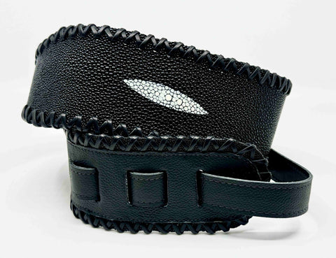 RJ Cash - Real Stingray Skin - Black - Leather Laced - Guitar Strap - Handmade in Brookyn, NY.