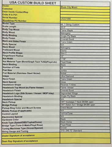 Dean Guitars - USA - ML - 7 String Custom - Emerald Burst Flame Maple Top - Reverse 7 Inline Head Stock - Floyd Rose - DMT Nostalgia 7 and Baker Act  Pickups - Black Hardware - w/OHSC