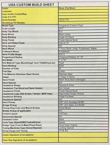 Dean Guitars - USA - Custom Shop One Off - Vengeance - Black Limba (KORINA) Body, Neck, Head Stock - AAA Burl Purple Natural Burst - Slim D Neck Profile - 12"-16" Radius - DMT Pickpus - Black Hardware - OHSC