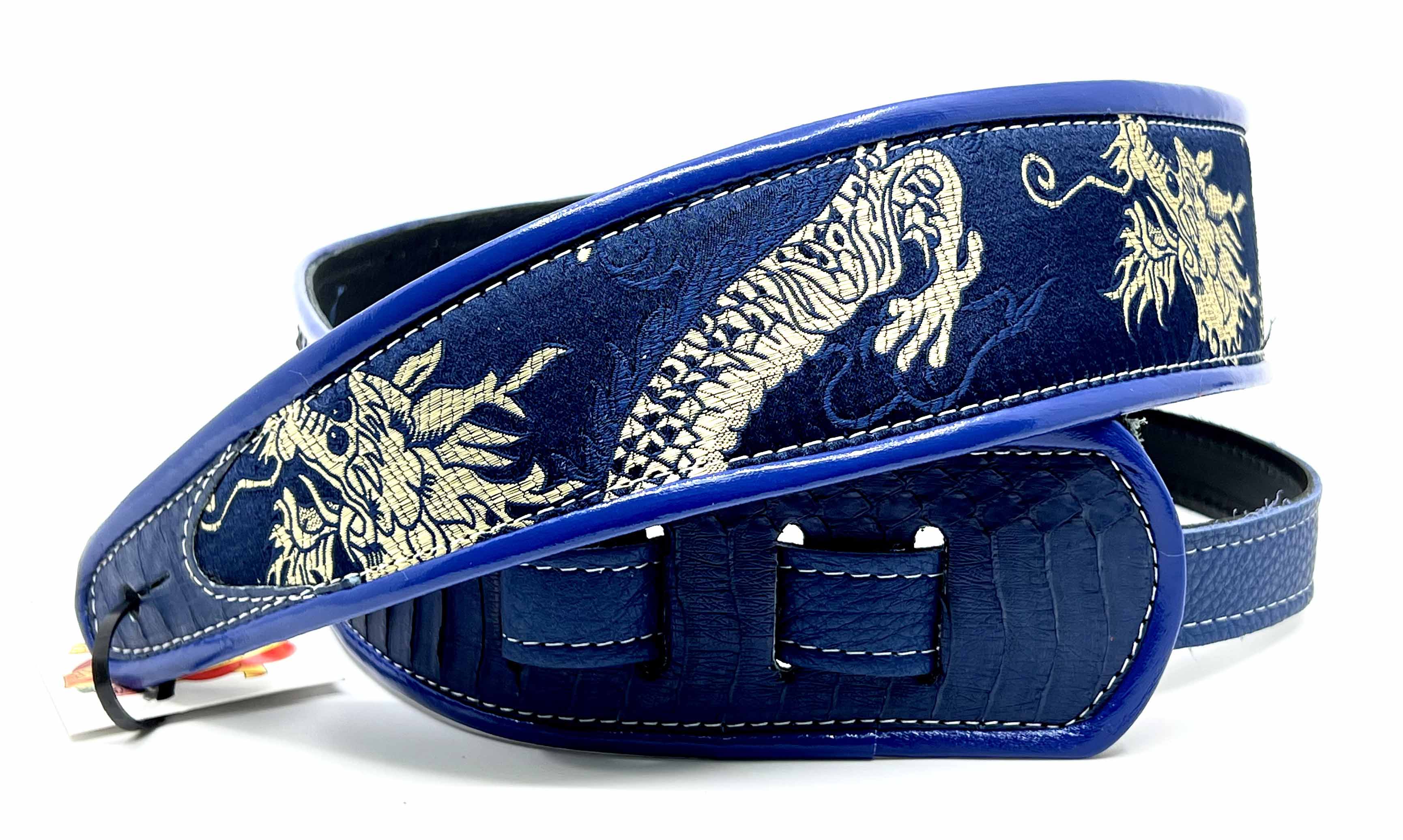 Mark's Dragons Blue/Silver - Leather Guitar Strap - Hand Made in Brooklyn,  NY.