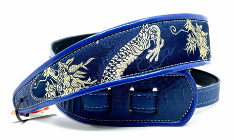 Mark's Dragons Blue/Silver- Leather Guitar Strap - Hand Made in Brooklyn, NY.