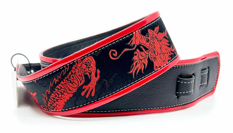 Mark's Dragons Red/Black- Leather Guitar Strap - Hand Made in Brooklyn, NY.